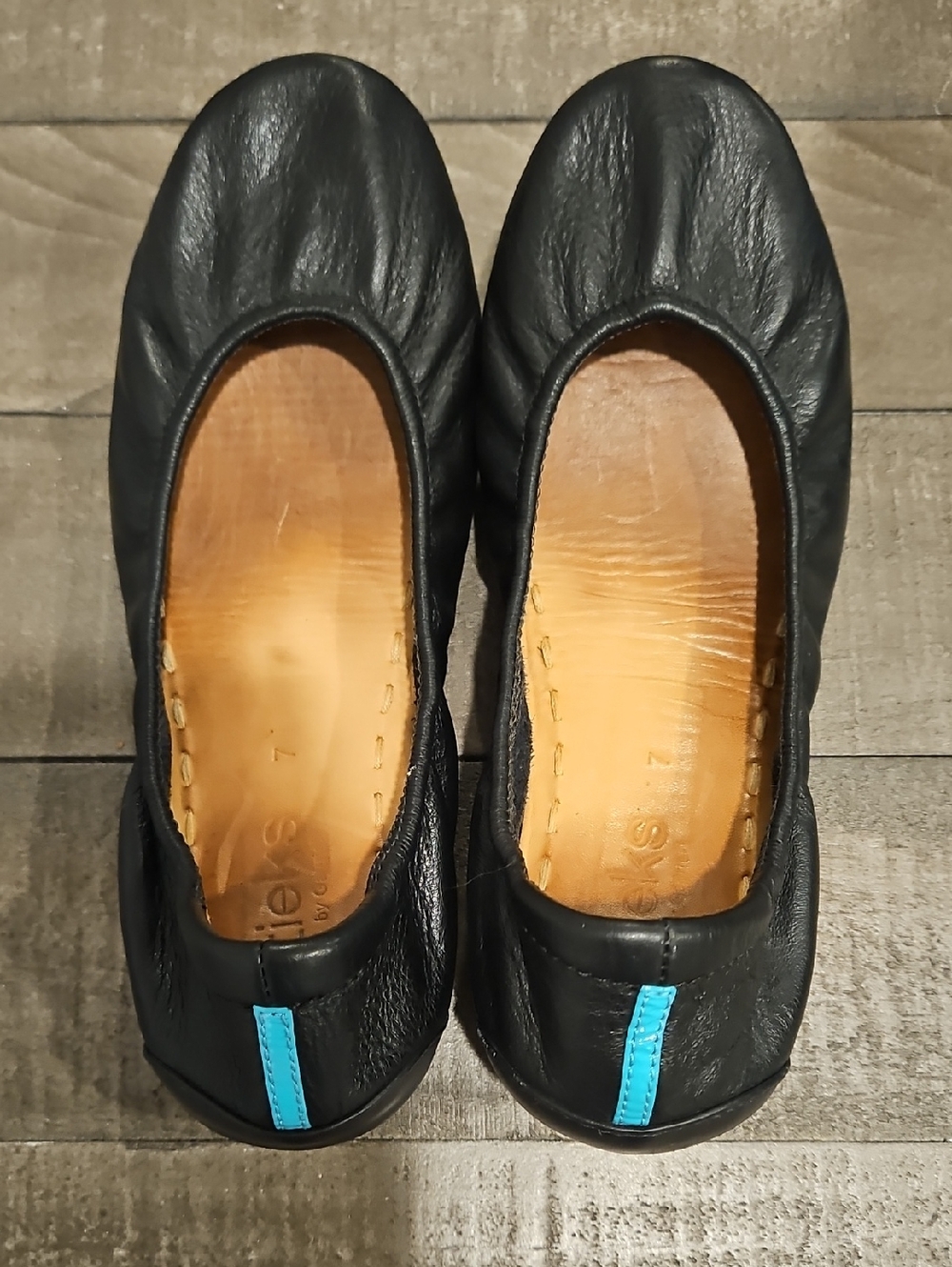Tieks Black Leather Flats with Blue Heel Tab
